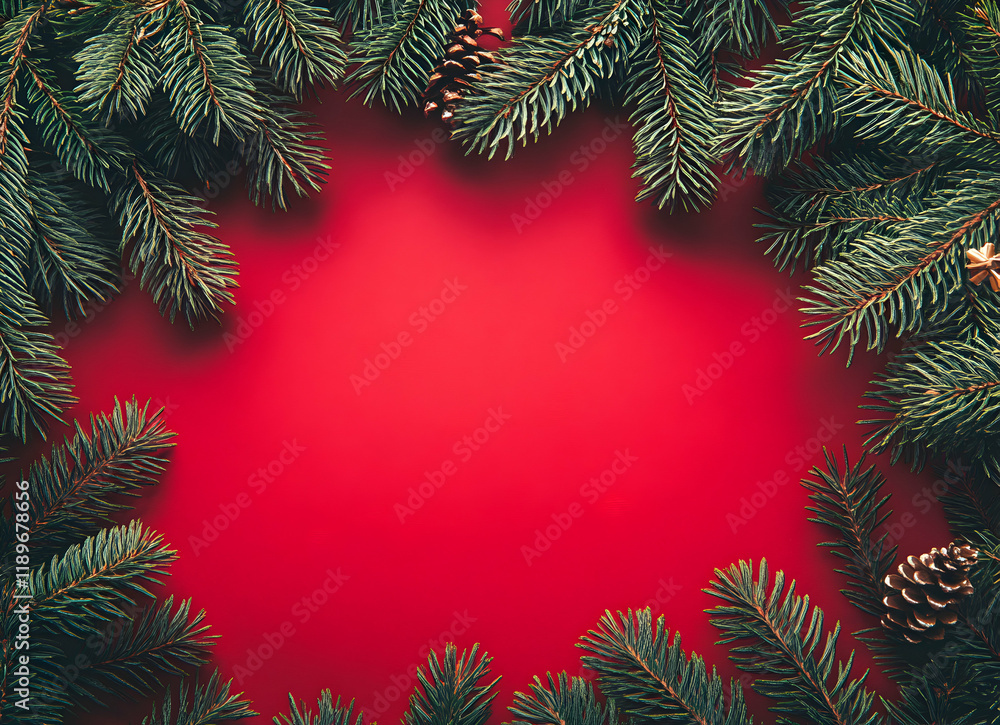 Merry Christmas Festive Red Background with Pine Branches and Pine Cones Merry Christmas Festive Red Background with Pine Branches and Pine Cones