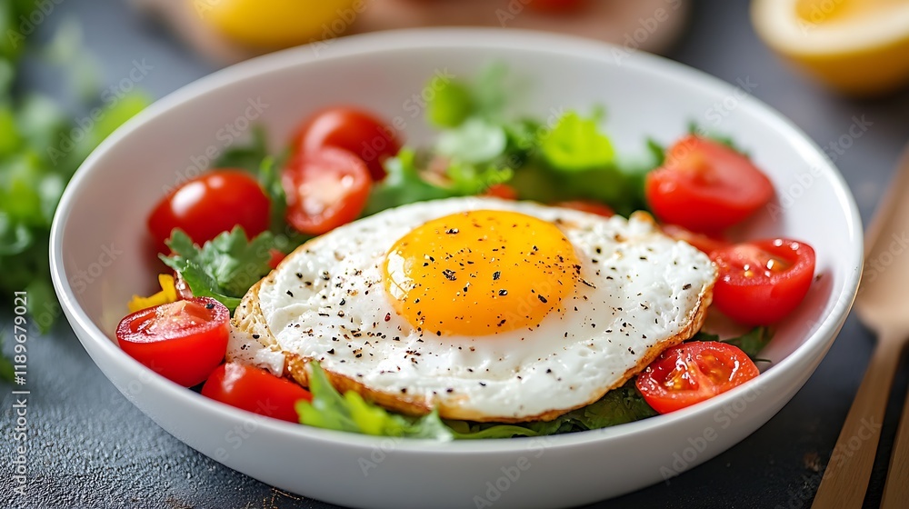 Healthy Breakfast Bowl with Fresh Fried Egg Cherry Tomatoes and Arugula Greens : Generative AI Healthy Breakfast Bowl with Fresh Fried Egg Cherry Tomatoes and Arugula Greens : Generative AI