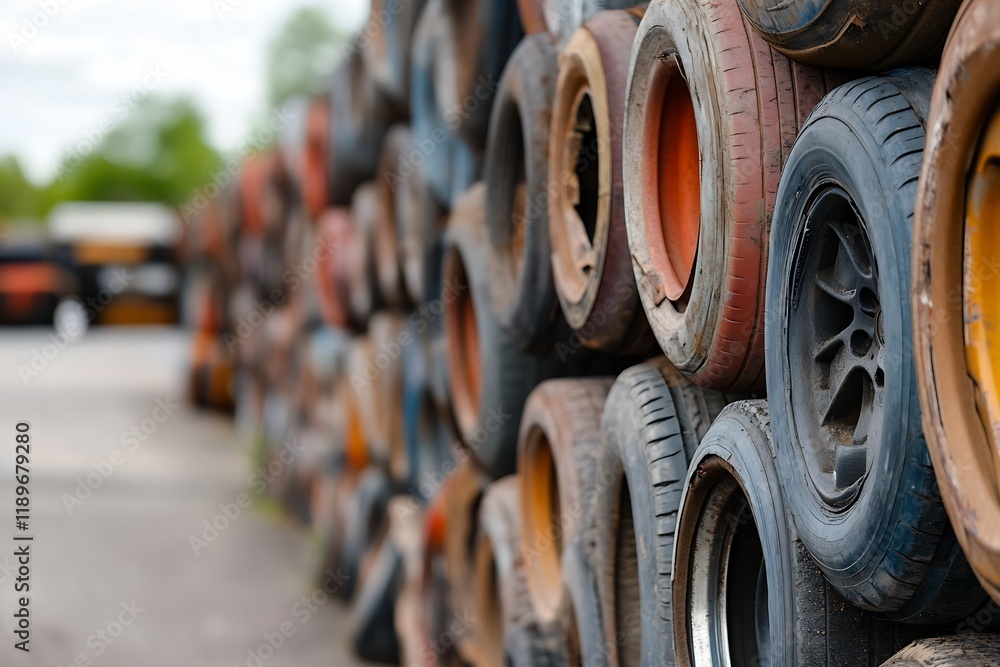 Row of Old Tires Stacked Together for Recycling and Environmental Conservation : Generative AI Row of Old Tires Stacked Together for Recycling and Environmental Conservation : Generative AI