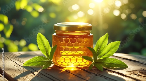 Golden jar of honey placed on a wooden table, surrounded by green leaves and illuminated by soft sunlight, symbolizing natural sweetness, organic purity, and the benefits of raw honey for health

 photo