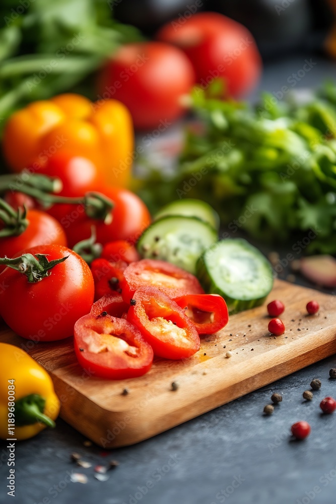 Fresh Colorful Vegetables on Wooden Cutting Board with Green Leaves in Background : Generative AI Fresh Colorful Vegetables on Wooden Cutting Board with Green Leaves in Background : Generative AI