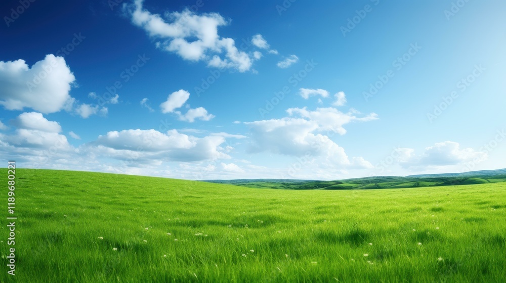 A serene landscape of lush green fields under a bright blue sky, perfect for a peaceful getaway in nature. A serene landscape of lush green fields under a bright blue sky, perfect for a peaceful getaway in nature.