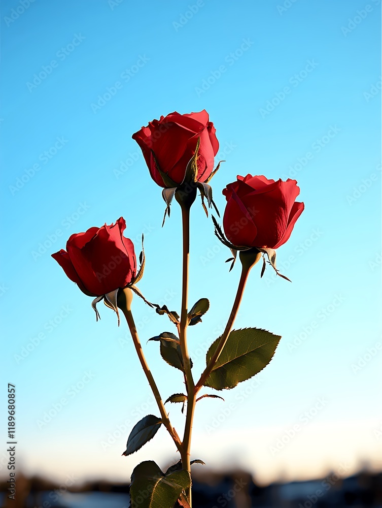 Three red roses on a stem against a clear blue sky. Three red roses on a stem against a clear blue sky.