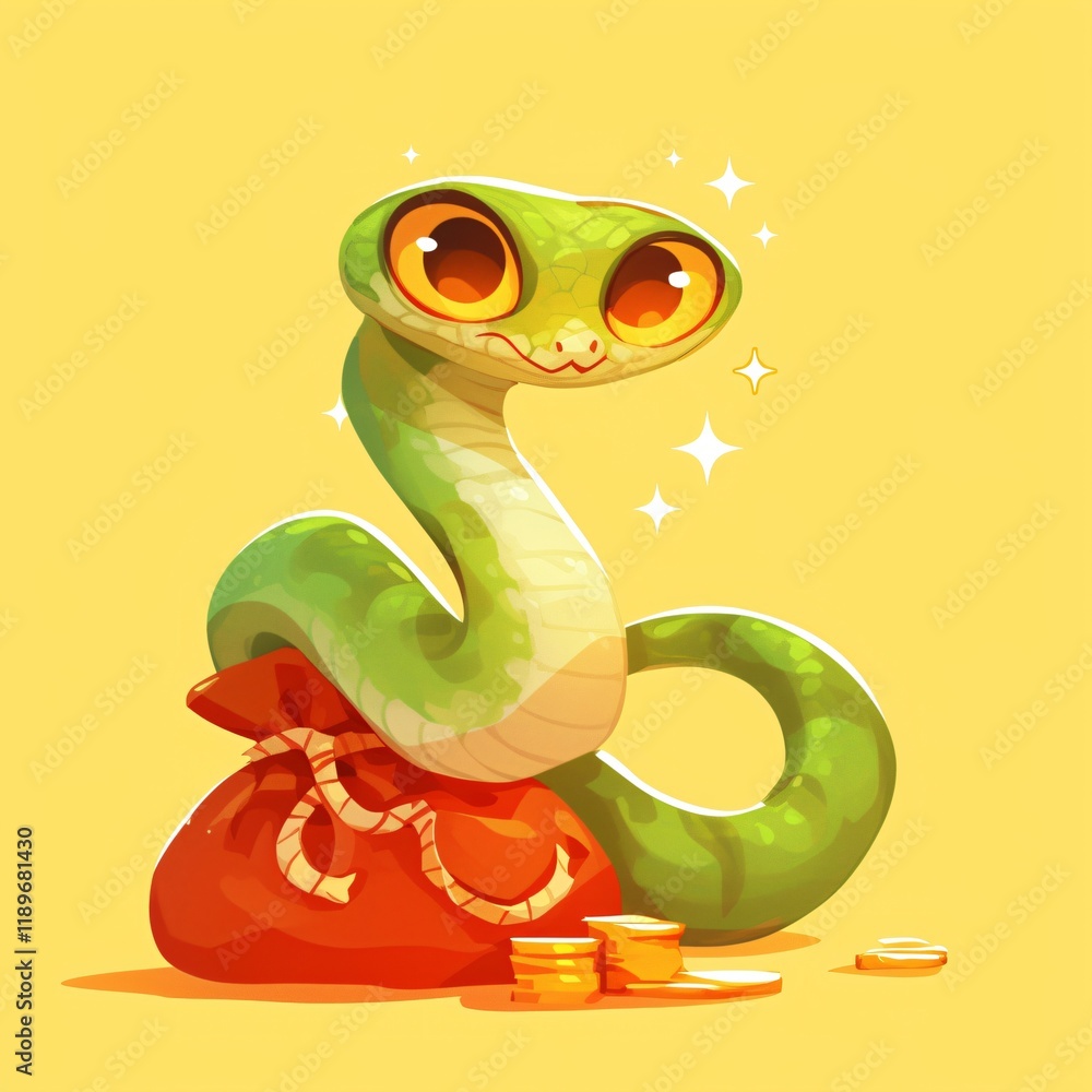 Fototapeta premium Green snake with gold coin and money bag isolated on light background. Wealth, prosperity concept. Symbol Chinese New Year. Finance and business. Cartoon illustration for design greeting card, banner