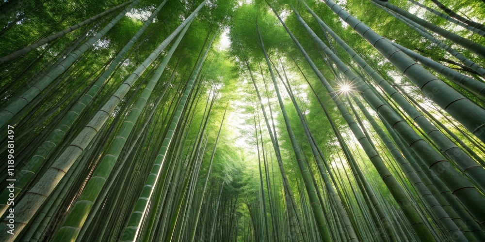 Expansive view of a lush bamboo forest with sunlight filtering through the tall stalks Expansive view of a lush bamboo forest with sunlight filtering through the tall stalks