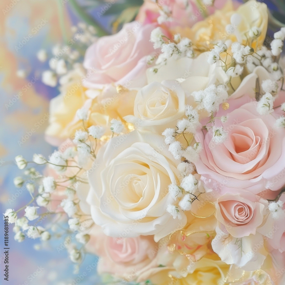 Obraz premium Beautiful bouquet of pastel roses and delicate baby breath flowers, creating soft and romantic atmosphere. Perfect for weddings or special occasions