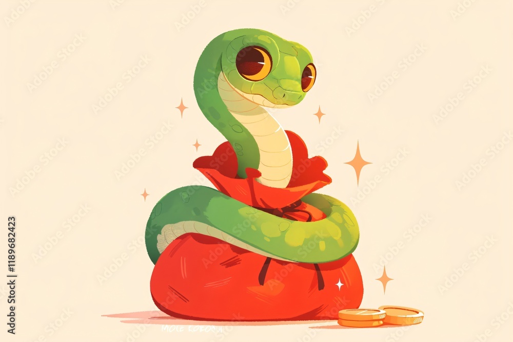 Fototapeta premium Green snake with gold coin and money bag isolated on light background. Wealth, prosperity concept. Symbol Chinese New Year. Finance and business. Cartoon illustration for design greeting card, banner