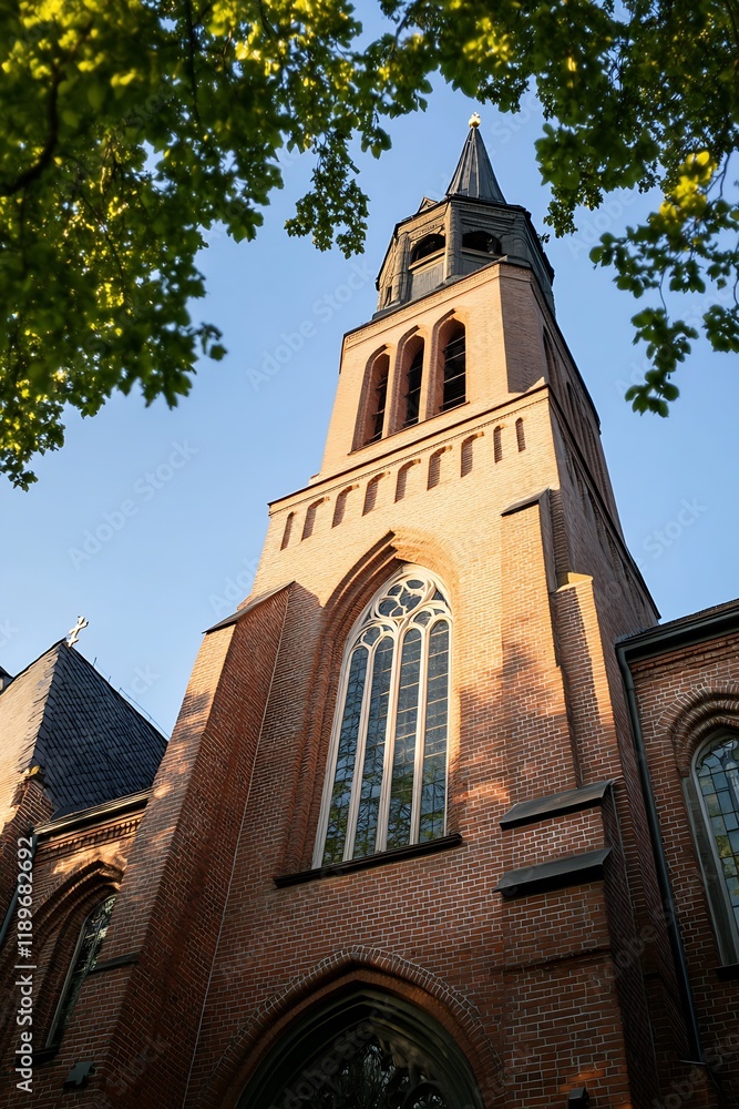 Fototapeta premium Historic Brick Church Tower with Sunlight and Green Foliage : Generative AI