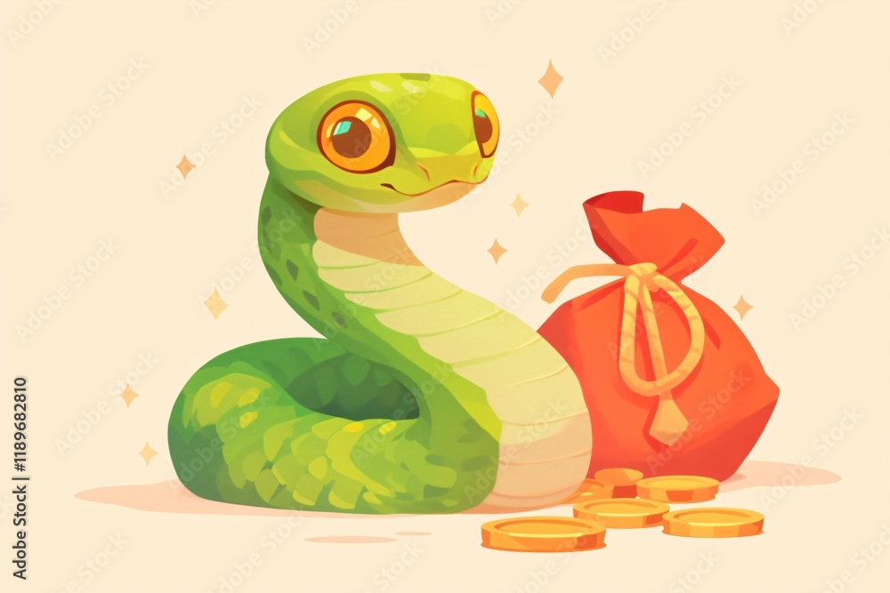 Fototapeta premium Green snake with gold coin and money bag isolated on light background. Wealth, prosperity concept. Symbol Chinese New Year. Finance and business. Cartoon illustration for design greeting card, banner