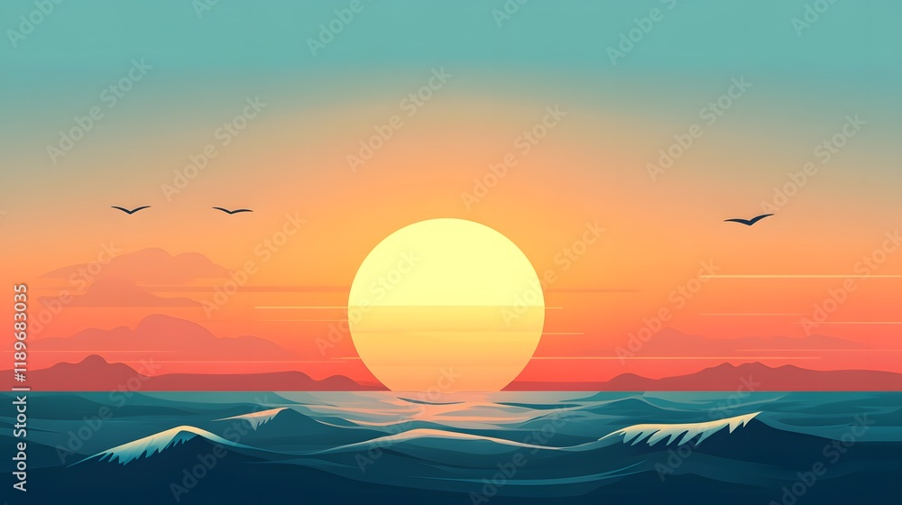 Fototapeta premium Ocean sunset landscape, waves, birds flying, mountains. Website banner
