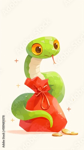 Green snake with gold coin and money bag isolated on light background. Wealth, prosperity concept. Symbol Chinese New Year. Finance and business. Cartoon illustration for design greeting card, banner photo