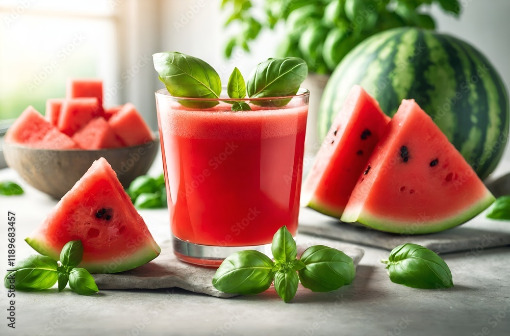 Watermelon juice with fresh basil leaves Watermelon juice with fresh basil leaves