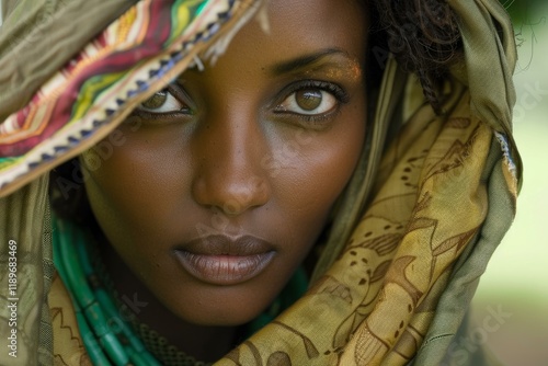 Close up of a north african woman showcasing her captivating gaze and traditional attire photo