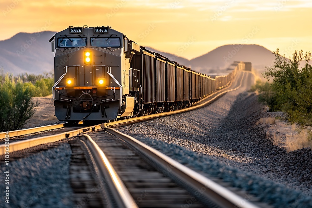 Fototapeta premium Cargo Train on Railway Track in Scenic Mountain Desert at Golden Hour : Generative AI