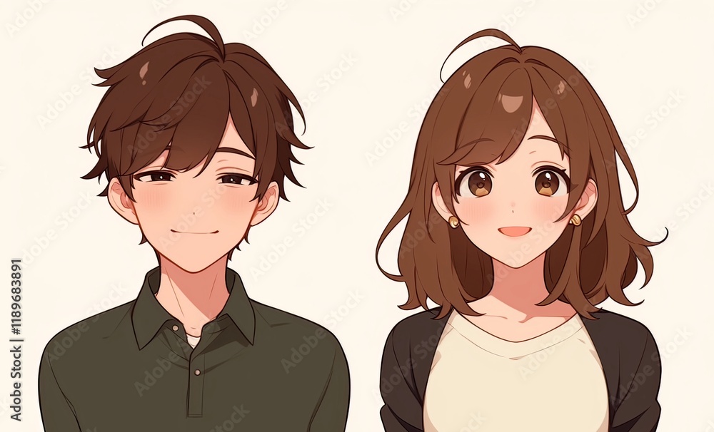 A cute anime-style couple avatar featuring a man and woman, both with brown hair, depicted in an adorable anime art style with soft colors. A cute anime-style couple avatar featuring a man and woman, both with brown hair, depicted in an adorable anime art style with soft colors.