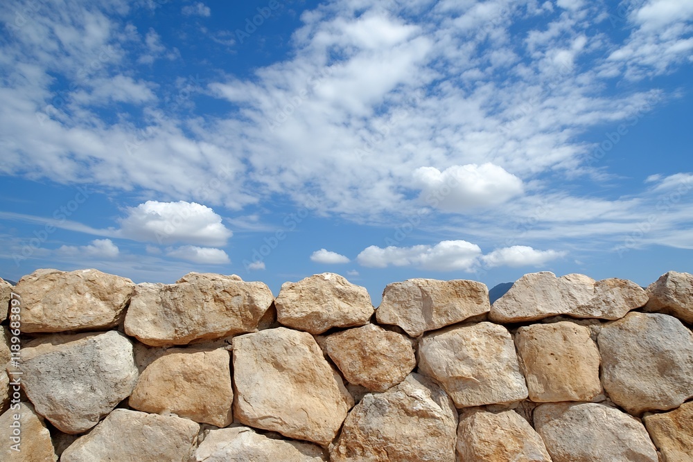 Stone Wall Under Clear Blue Sky with Puffy White Clouds Scenery : Generative AI Stone Wall Under Clear Blue Sky with Puffy White Clouds Scenery : Generative AI