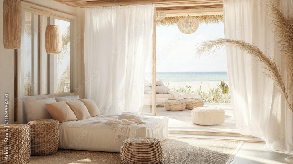 Beachfront bedroom with beige decor, sheer curtains, and ocean view. Beachfront bedroom with beige decor, sheer curtains, and ocean view.