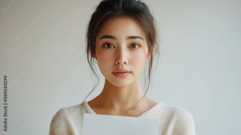 Young female adult holding a paper, looking directly at camera in soft light Young female adult holding a paper, looking directly at camera in soft light