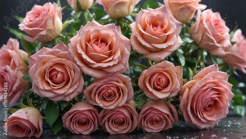 delicate rose bouquet with dew drops gently glistening on petals, garden, flowers, freshness