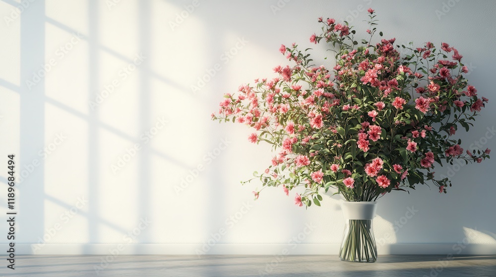Fototapeta premium Sunlit pink flowers in vase against minimalist white wall