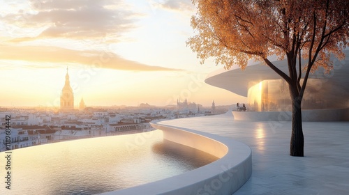 Curved rooftop with tree overlooking city skyline at sunset photo