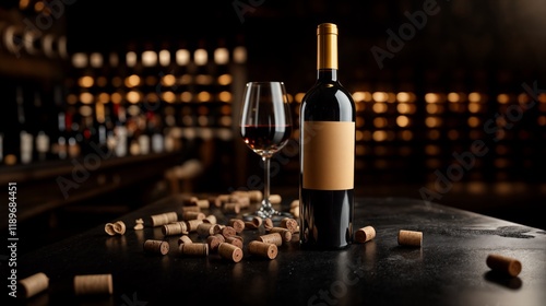 Bottle and glass of red wine with scattered corks in cellar