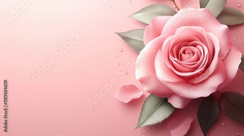 Elegant pink rose with dew on leaves and petals in soft gradient background