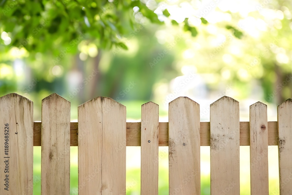 Peaceful Wooden Picket Fence with Green Blurred Leafy Background in Sunlit Garden Environment : Generative AI