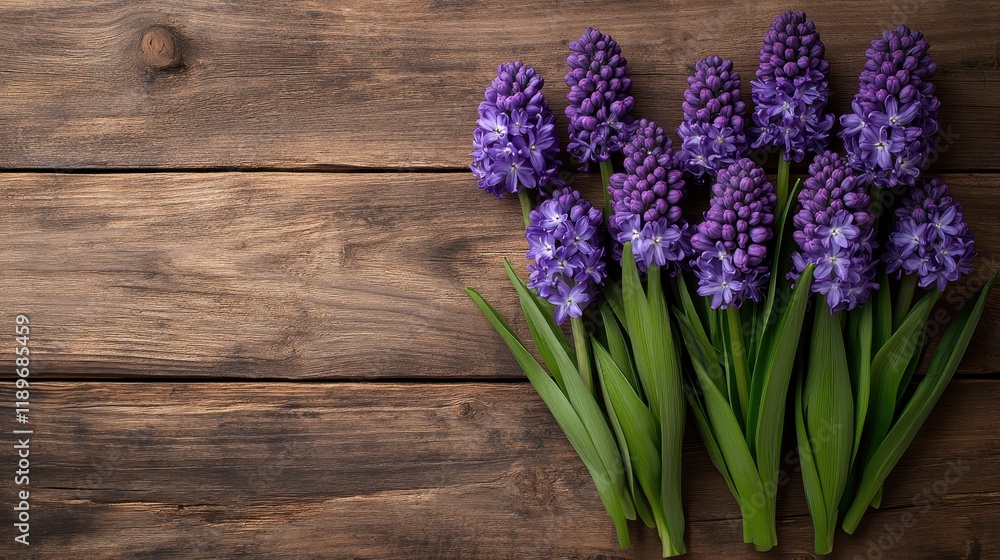 Fototapeta premium Purple hyacinth flowers on wooden background with fresh green leaves