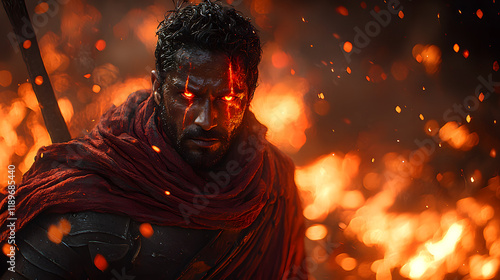 Fierce warrior amidst fiery inferno.