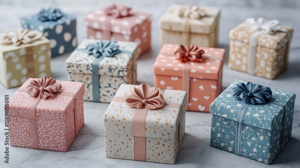 Elegant gift boxes with decorative flowers in various patterns and colors Elegant gift boxes with decorative flowers in various patterns and colors
