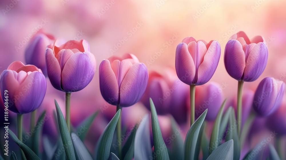 Fototapeta premium Vibrant purple and pink tulips blooming in a sunlit garden