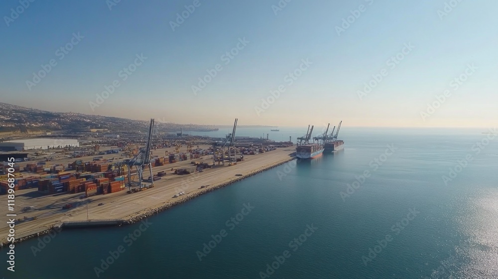 Naklejka premium Aerial View of a Bustling Container Port on a Sunny Day