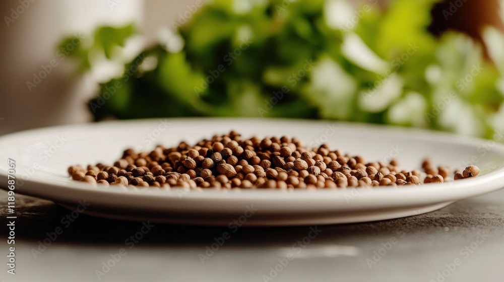 Coriander Seeds on White Plate, Close-up