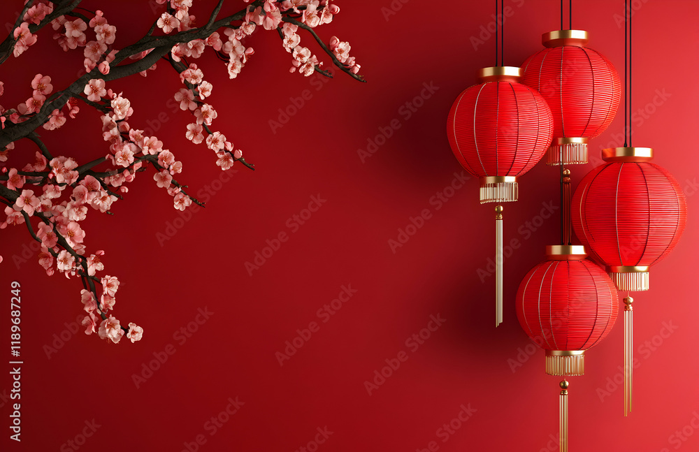 Chinese New Year Celebration: Red Lanterns and Blooming Plum Blossoms Chinese New Year Celebration: Red Lanterns and Blooming Plum Blossoms