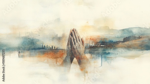 Watercolor of hands in prayer toward the sky, with light beams in the background on a hilltop.