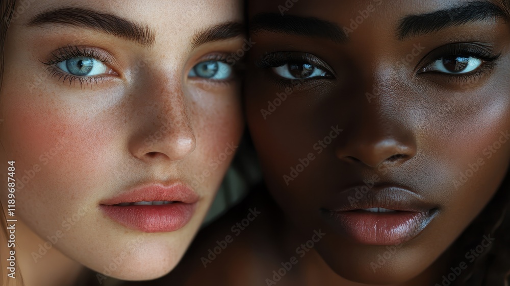 Young women with diverse skin tones and expressive eyes in close-up portrait Young women with diverse skin tones and expressive eyes in close-up portrait