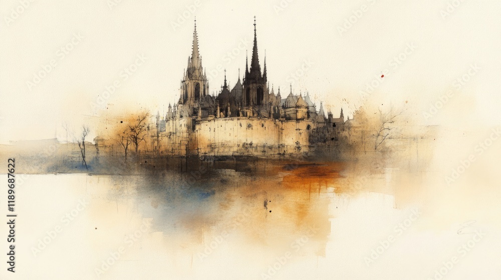 Fototapeta premium Dramatic watercolor of a cathedral with ornate facades and scenic background. 