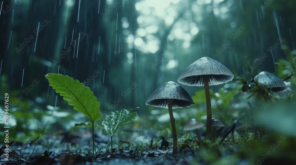 Fototapeta premium Enchanted Forest: Mushrooms Under Rain