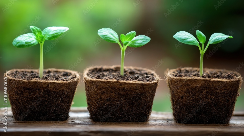 Three Young Seedlings Growing in Peat Pots, Representing Growth and New Beginnings Three Young Seedlings Growing in Peat Pots, Representing Growth and New Beginnings