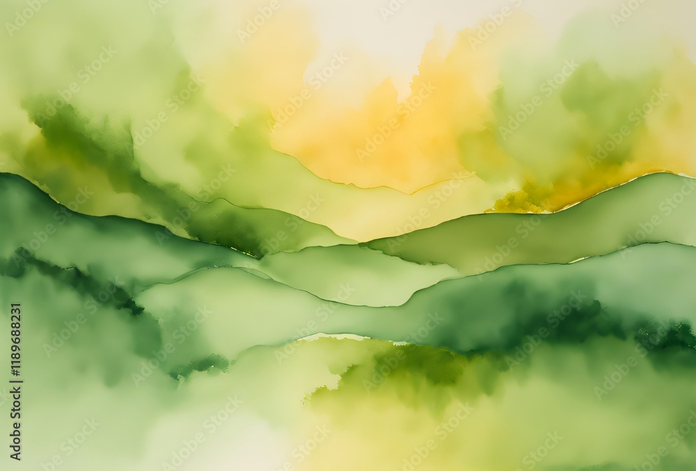Fototapeta premium Verdant and Golden: Tranquil Peaks Rising Against Soft Clouds