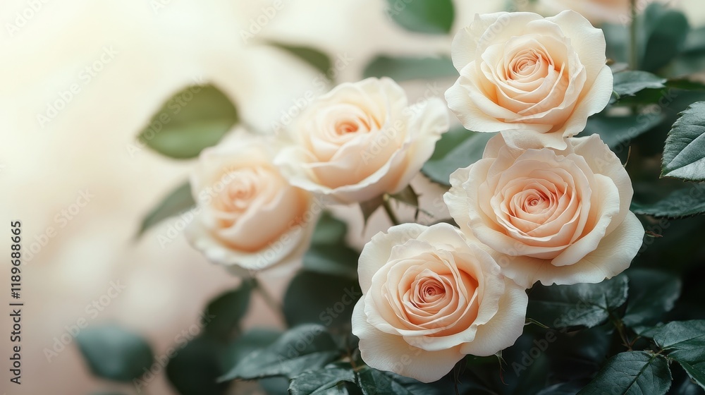 Elegant cream-colored roses in bloom among lush greenery Elegant cream-colored roses in bloom among lush greenery