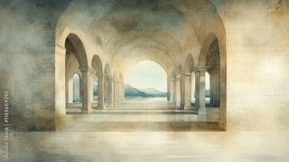 Fototapeta premium Panoramic painting of a long cloister with elegant arches, blending into a peaceful lakeside view. 