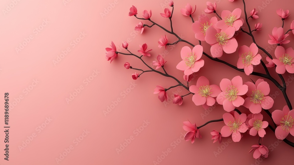 Fototapeta premium Pink cherry blossom branch on soft gradient background