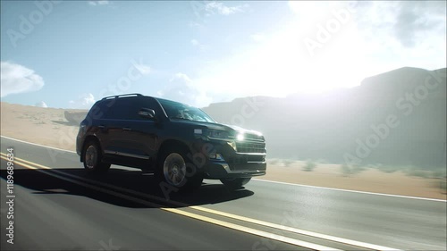 3d model luxury black car on desert highway. Very fast driving. Realistic 4k animation.