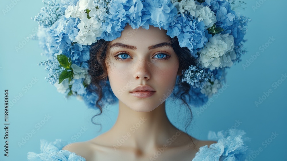 Young female with blue floral crown and expressive eyes against a soft background Young female with blue floral crown and expressive eyes against a soft background