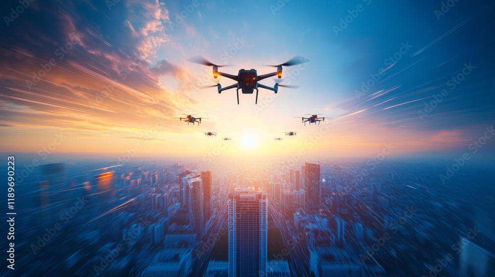 Group of Drones Flying Over Cityscape During Sunset with Cloudy Sky Group of Drones Flying Over Cityscape During Sunset with Cloudy Sky