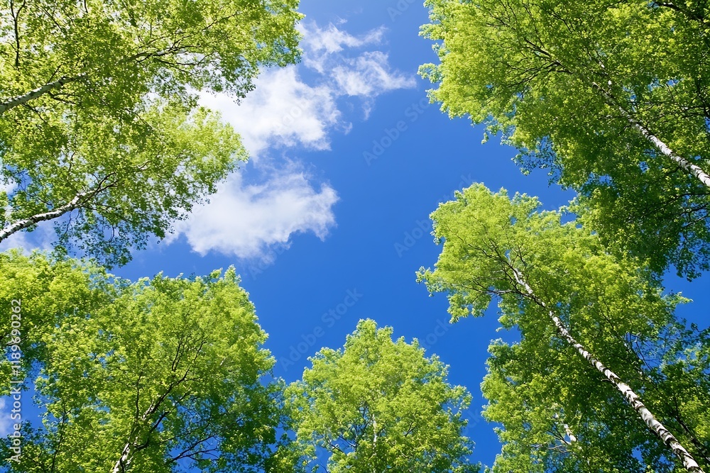 Sunlit Green Tree Canopy with View of Clear Blue Sky and White Clouds : Generative AI Sunlit Green Tree Canopy with View of Clear Blue Sky and White Clouds : Generative AI
