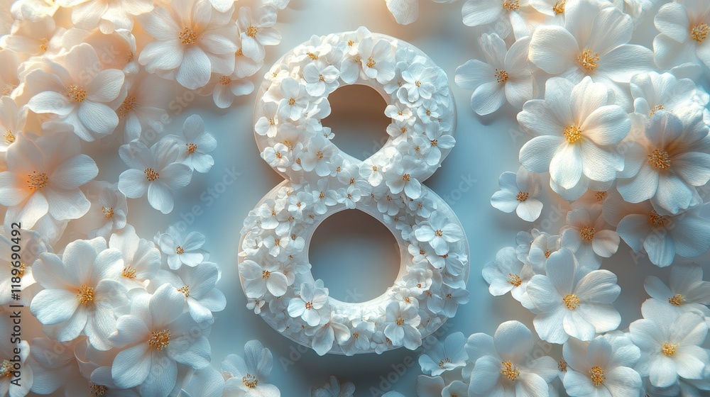 Floral number eight surrounded by white blossoms in a soft light setting Floral number eight surrounded by white blossoms in a soft light setting