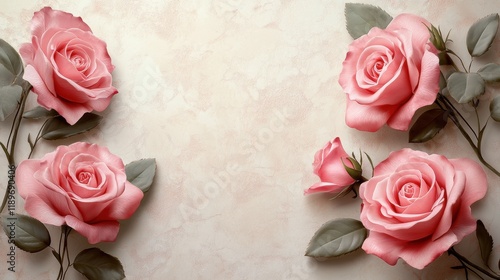 Elegant pink roses with green leaves on textured background